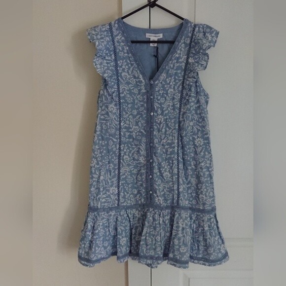 Lucky Brand Lace Trim Ruffle Shoulder Flounce Floral Mini Dress Size S - Picture 1 of 12
